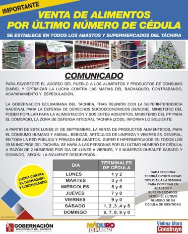 A mandate by Tachira Governor in which the ID terminal system is extended to all districts in the state and it is to be implemented in all types of supermarkets. Source: Tachira Government.